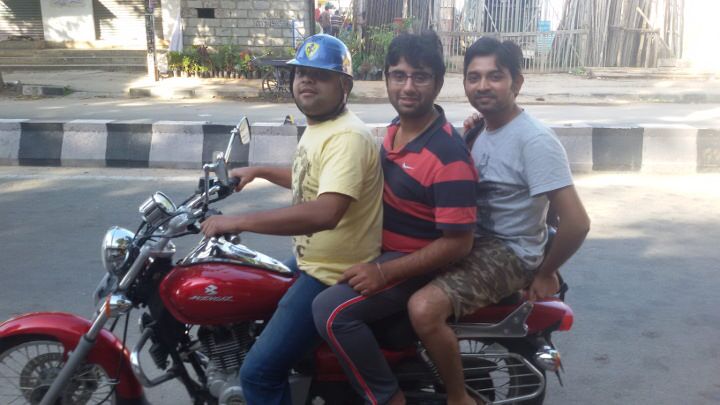 Sanjay (in the driving seat), me and Vishal on a ride to SP road, Bangalore finding components to create our first prototype.